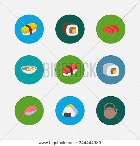 Food Icons Set. Sashimi And Food Icons With Ebi Nigiri, Tamago Nigiri And Sushi Roll. Set Of Portion