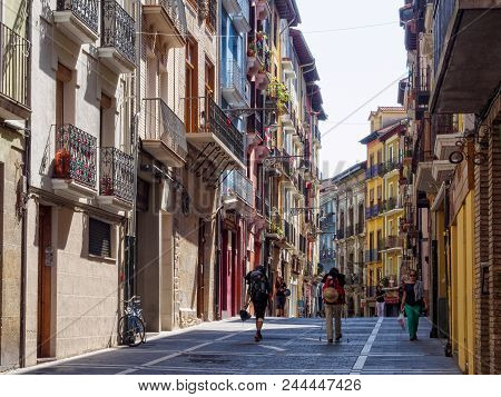 Pilgrims Approach The City Center On Calle Del Carmen - Pamplona, Navarre, Spain, 4 September 2014