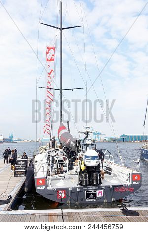 Cardiff, United Kingdom - June 08, 2018: Team Scallywag Docked In The Volvo Ocean Race Village In Ca