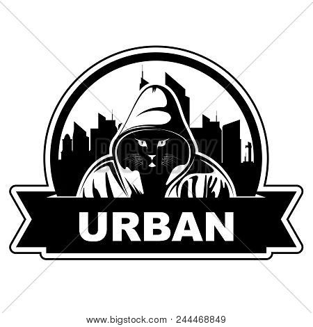 Logo With City Skyline And Cat In Hoodie. Cat Gangster. Urban Art.  Funny Cat. Print On T-shirts, Sw