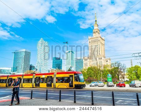 Warsaw, Poland - May 06, 2017: Panorama Of Warsaw With Modern Skyscrapers On A Sunny Day Overlooking