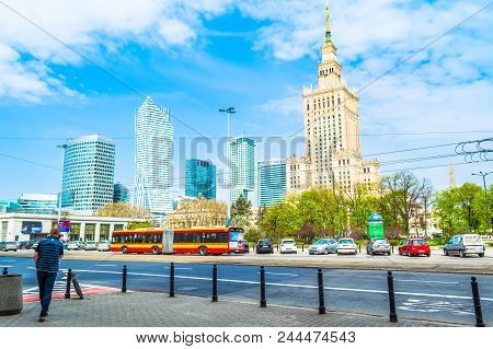 Warsaw, Poland - May 06, 2017: Panorama Of Warsaw With Modern Skyscrapers On A Sunny Day Overlooking