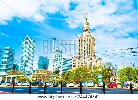 Warsaw, Poland - May 06, 2017: Panorama Of Warsaw With Modern Skyscrapers On A Sunny Day Overlooking