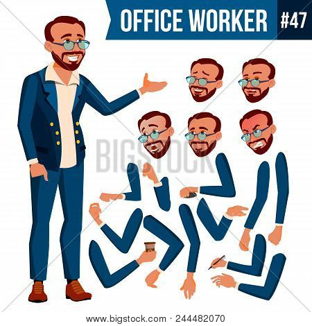 Office Worker Vector. Face Emotions, Various Gestures. Animation Creation Set. Businessman Worker. H