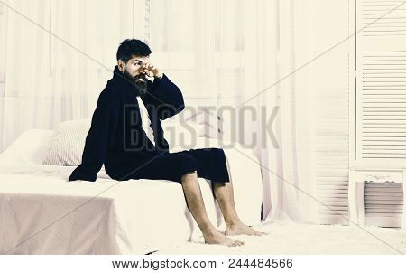 Guy On Sleepy Face Getting Up In Morning. Macho With Beard And Mustache Sluggish Relaxing After Nap,