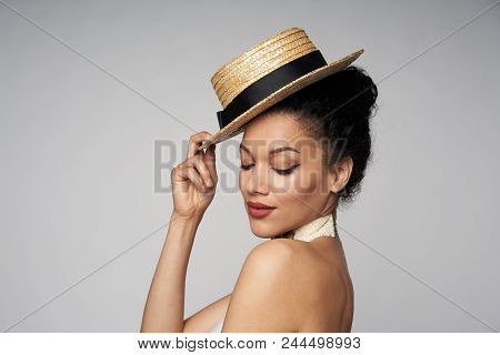 Closeup Of Beautiful Playful Mixed Race Caucasian - African American Woman Wearing Chocker And Canot