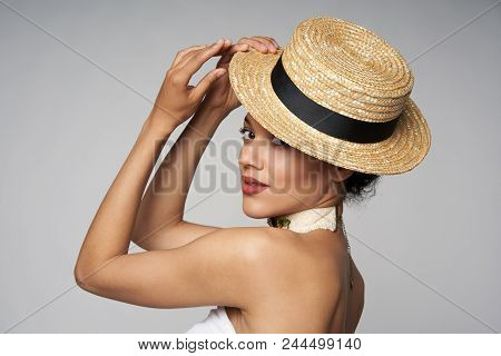 Closeup Of Beautiful Playful Mixed Race Caucasian - African American Woman Wearing Chocker And Canot