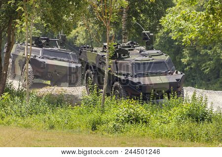 German Light Armoured  Reconnaissance Vehicle Drives On A Road