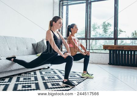 Fitness Women Doing Front Forward One Leg Step Lunge Exercises Workout.