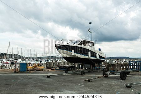 Morgat, France 29 May 2018 Boat On A Trailer By The Sea.