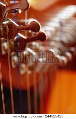 Irish Harp Music Instrument Closeup. Blur Background