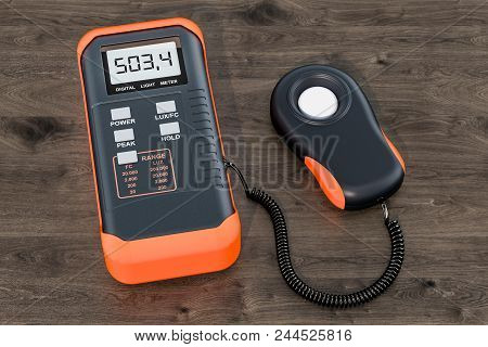 Digital Luxmeter, Light Meter On The Wooden Table. 3d Rendering