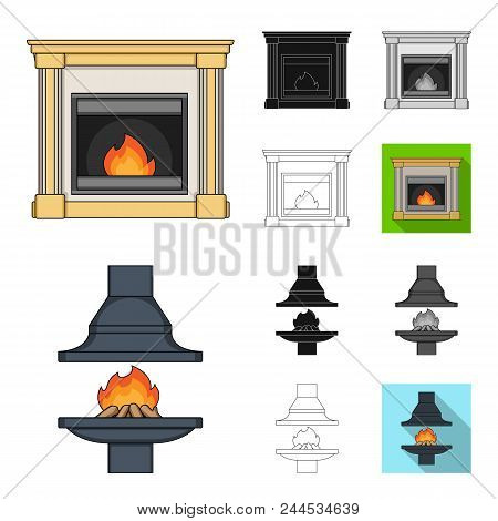Different Kinds Of Fireplaces Cartoon, Black, Flat, Monochrome, Outline Icons In Set Collection For 