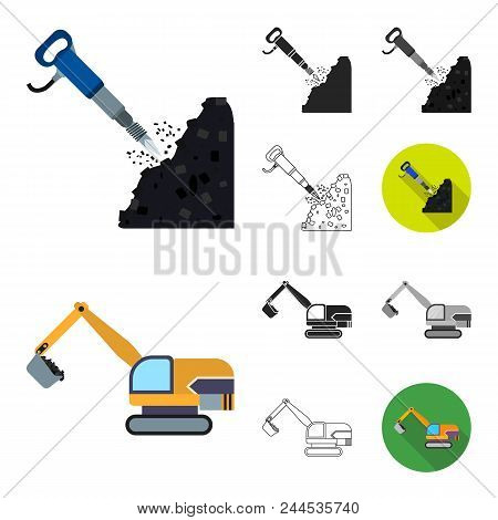 Mining Industry Cartoon, Black, Flat, Monochrome, Outline Icons In Set Collection For Design. Equipm