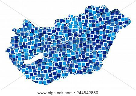 Hungary Map Mosaic Of Random Dots In Variable Sizes And Blue Color Tones. Vector Dots Are United Int