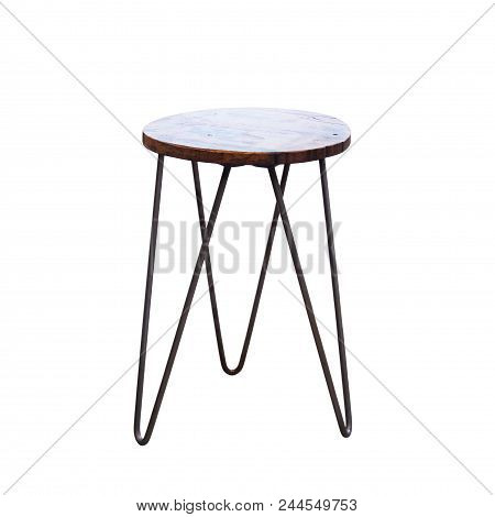 Wooden Round Chair With Three Metal Legs Isolated On White Background.