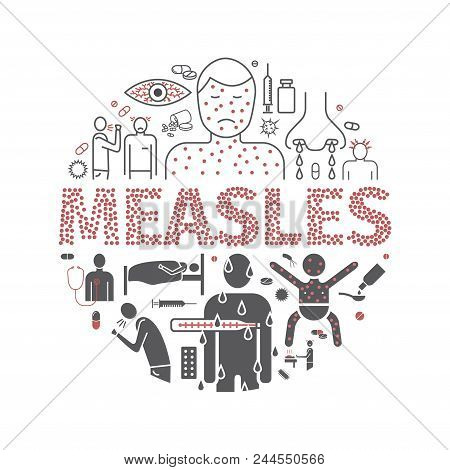 Measles. Symptoms, Treatment. Line Icons Set. Vector Signs For Web Graphics