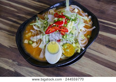 Laksa, Delicious Malaysian Food. Laksa Is A Spicy Noodle Soup Popular In The Peranakan Cuisine.