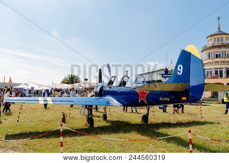 Madrid, Spain - June 3, 2018:  Yak 52 Russian Aerobatic Aircraft During Air Show Of Historic Aircraf