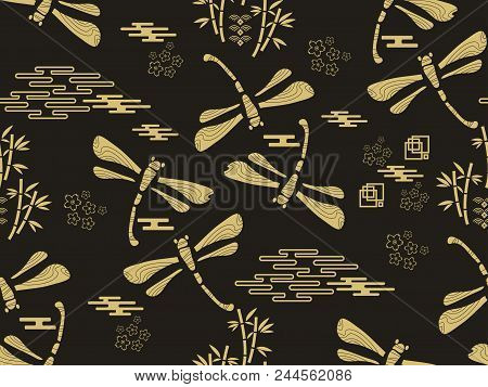 Beautiful Japanese Seamless  Pattern With Dragonfiles. Chinese, Japanese Elements.vector Unique Seam