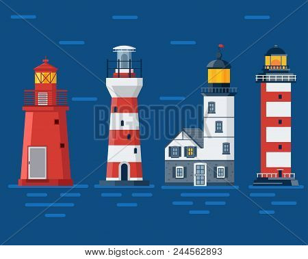 Red Lighthouse Set. Sea Guiding Light Houses Buildings. Pharos Or Beacon Collection. Searchlight Tow
