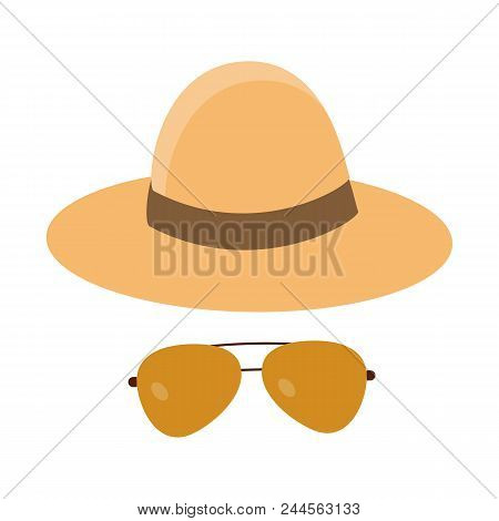 Woman Summer Straw Hat And Sunglasses Icon. Girl Beach Sunhat And Glasses Vector Illustration In Thi
