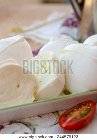 Fresh Soft Italian White Cheese Mozzarella Buffalo, Original From Campania, Paestrum And Foggia Regi