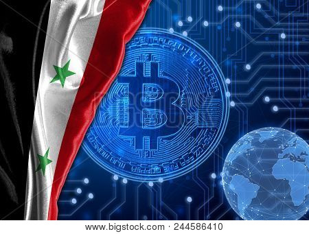 Flag Of Syria Is Shown Against The Background Of Crypto Currency Bitcoin. Global World Crypto Curren