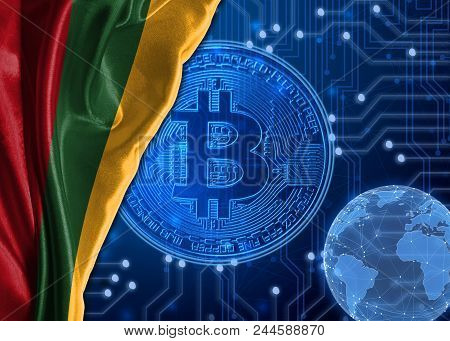 Flag Of Lithuania Is Shown Against The Background Of Crypto Currency Bitcoin. Global World Crypto Cu