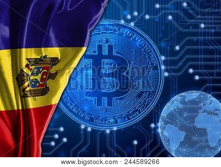 Flag Of Moldova Is Shown Against The Background Of Crypto Currency Bitcoin. Global World Crypto Curr