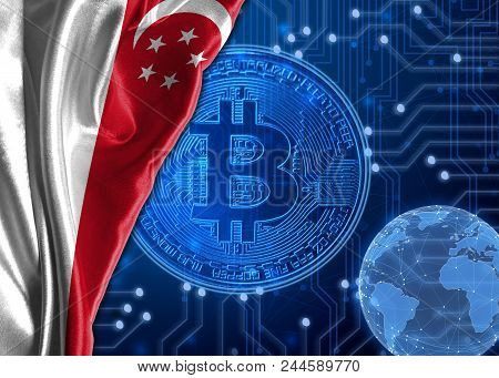 Flag Of Singapore Is Shown Against The Background Of Crypto Currency Bitcoin. Global World Crypto Cu