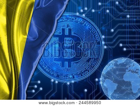 Flag Of Ukraine Is Shown Against The Background Of Crypto Currency Bitcoin. Global World Crypto Curr