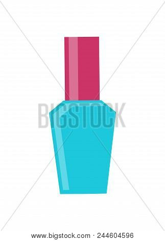 Simple Pattern Of Closed Bottle With Nail Varnish, Vector Illustration Of Blue Vial With Deep Cherry