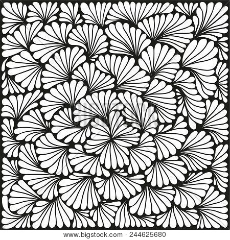Vector Abstract Monochromatic Pattern. White Leafs On Black Background