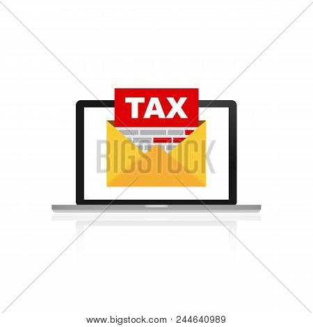 Envelope Mail With Tax Document Icon With Laptop. Vector Stock Illustration.