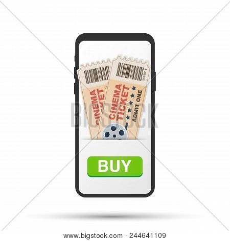 Buy Ticket Online. Order Ticket With Help A Mobile Phone. Vector Stock Illustration.