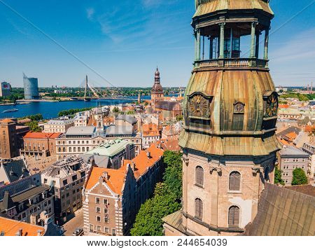 May 20, 2018. Riga, Latvia. Beautiful Aerial Riga View From Above With Golden Rooster On The Top Of 