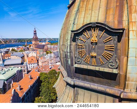 May 20, 2018. Riga, Latvia. Beautiful Aerial Riga View From Above With Golden Rooster On The Top Of 