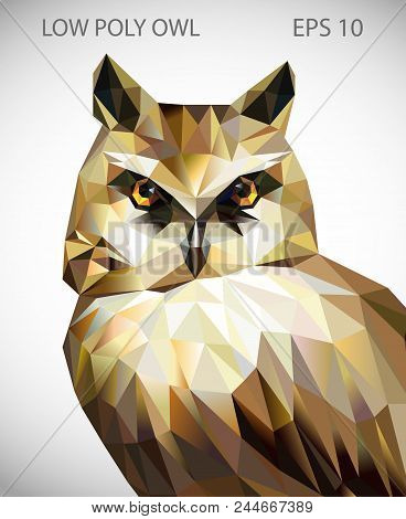 Vector Design Of Owl In Low Poly Style. Polygonal Animal Illustration.