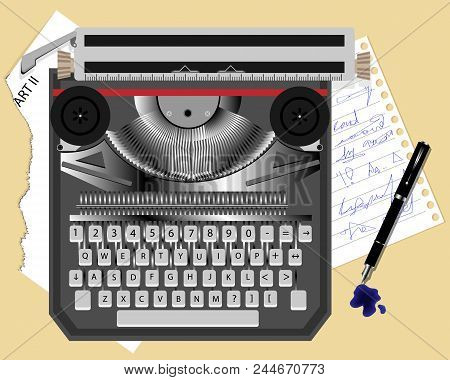 Old Typewriter, Pen And Leaflets With Text