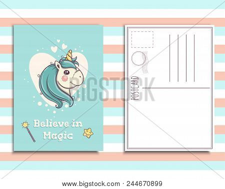 Blue Postcard Invitation Template With Cute Unicorn Portrait Of Striped Background, Believe In Magic