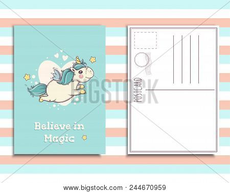 Blue Postcard Invitation Template With Cute Unicorn On Striped, Believe In Magic