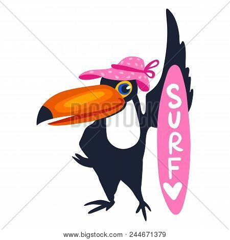 Vector Toucan With Surf. Funny Summer Illustration. Cartoon Exotic Birds. Tropical Art. Jungle Bird.