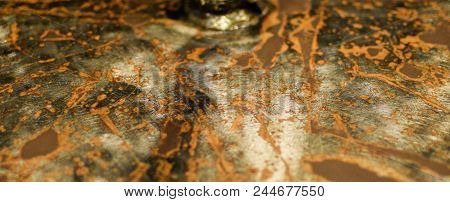 Iron Block With Rusty Areas, With Gray And Orange Tones. Polished And Smooth Surface.