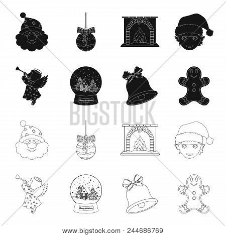 Angel, Glass Bowl, Gingerbread And Bell Black, Outline Icons In Set Collection For Design. Christmas