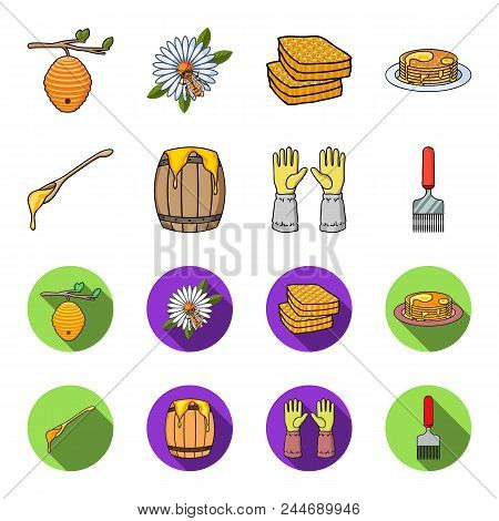 A Spoon Of Honey, Protective Gloves, A Barrel Of Honey, A Fork.apiary Set Collection Icons In Cartoo