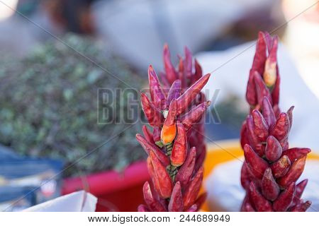 Marketstall Selling Ingredients. Traditional Spices Market. Colored Spices At Local Market. Beautifu