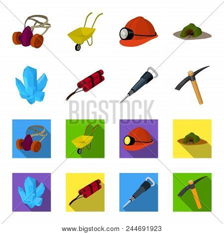 Minerals, Explosives, Jackhammer, Pickaxe.mining Industry Set Collection Icons In Cartoon, Flat Styl