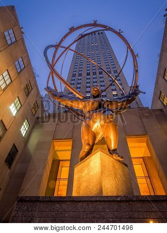 New York, New York - March 29, 2018: Details of the Atlas statue at Rockefeller Center. The Rockefel