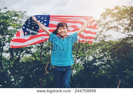 Happy Kid Little Child Running With American Flag Usa Celebrate 4Th Of July